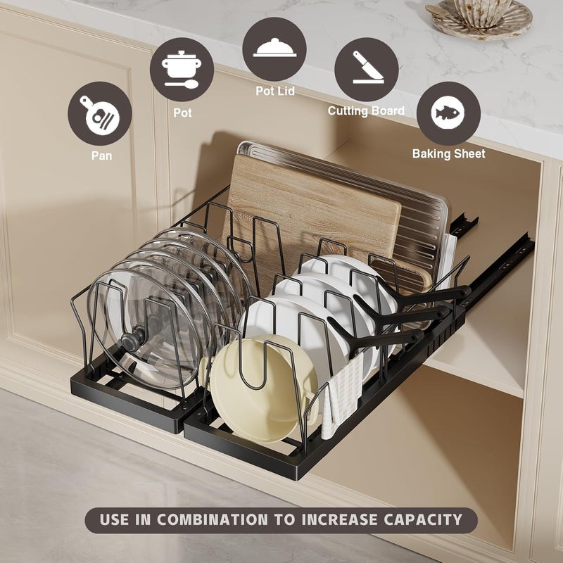 Magheo Pots and Pans Organizer Under Cabinet, 22" Deep Expandable Pull Out Pot Lid Organizer and Storage with 10 Adjustable Dividers No Drill Pot and Pan Holder Rack with Handle Bracket(1 Pack,Black) - Image 2
